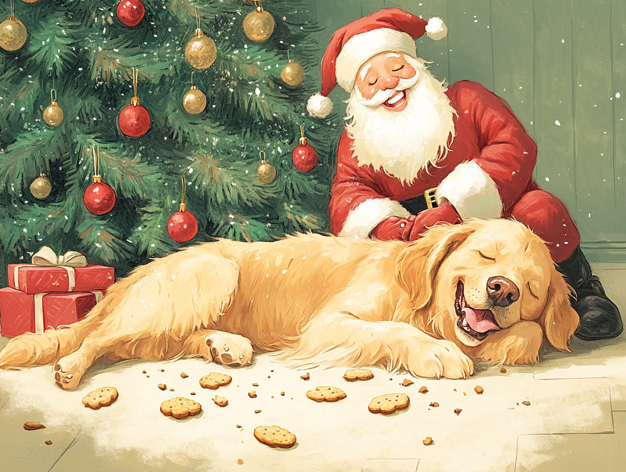 Dog sleeping by tree, eaten cookie crumbs, Santa laughs.