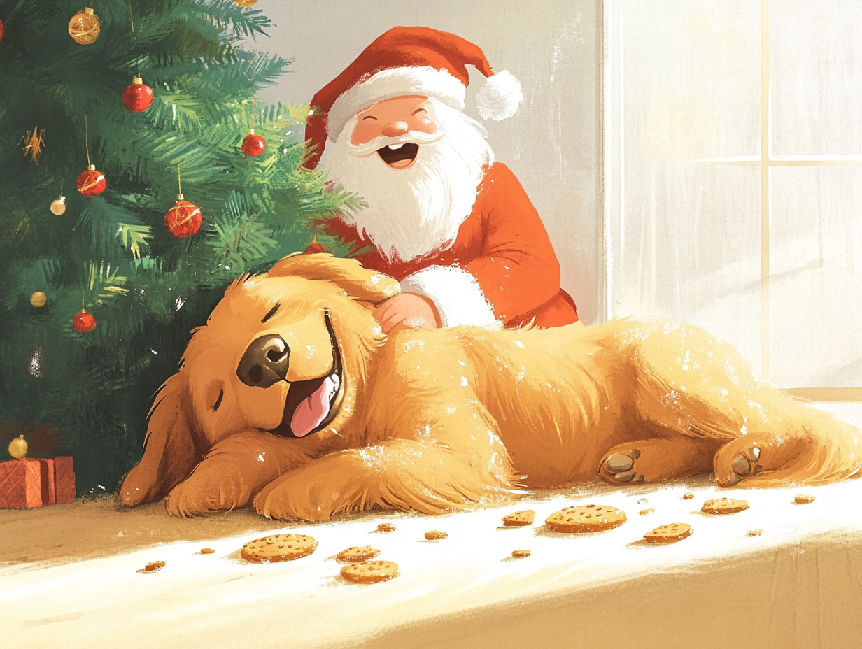 Dog sleeping in front of tree after eating cookies.