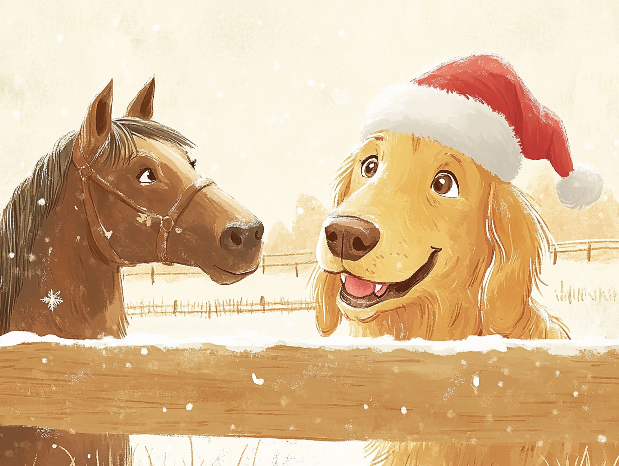 Dog with Santa hat looking at horse with Santa hat, Christmas-themed drawing.