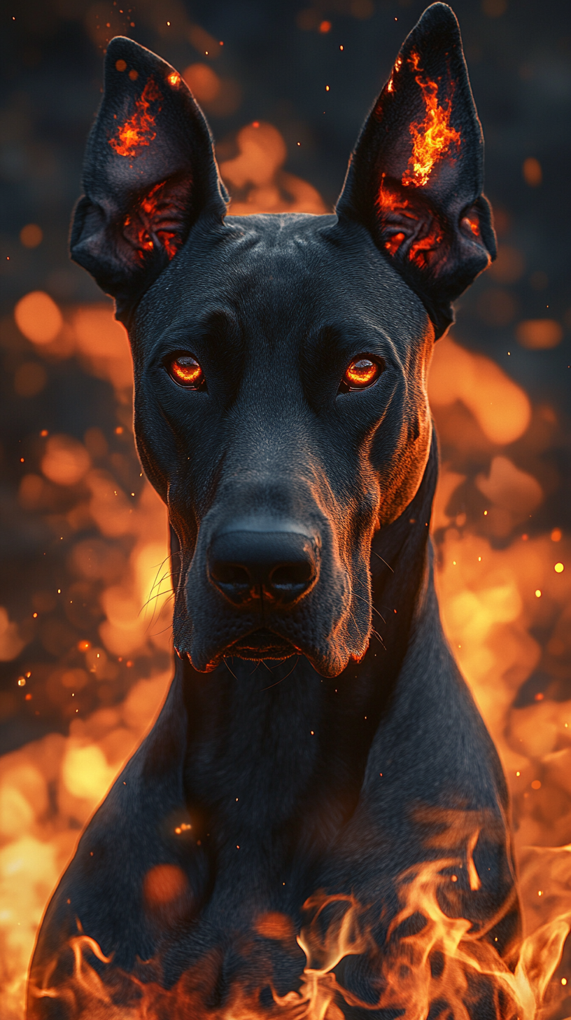 Dog with fire powers, fiery black coat, glowing eyes.