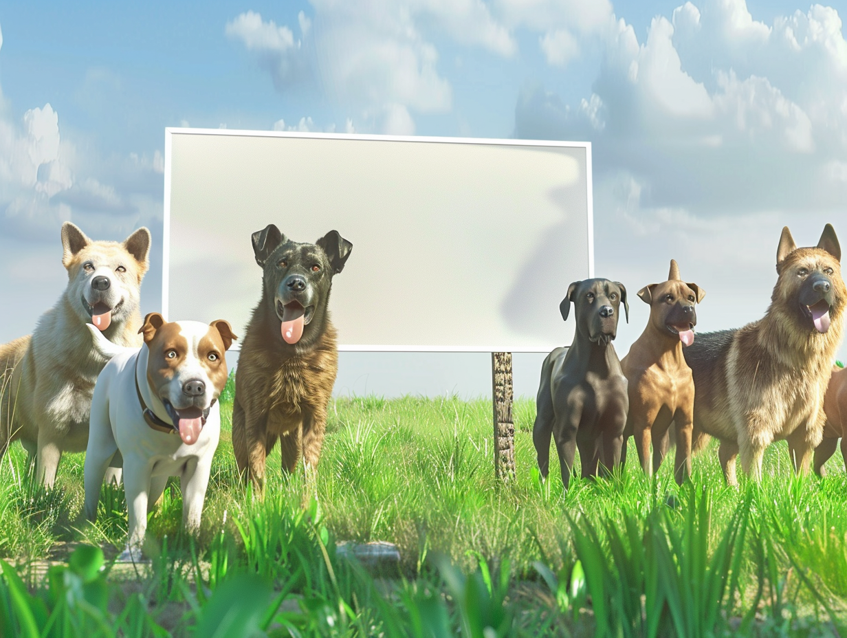 Dogs surround blank political sign in grass campaign.