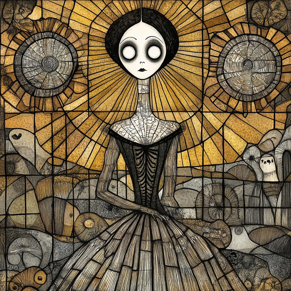 Doll-like Figure in Stained-Glass Dreamscape