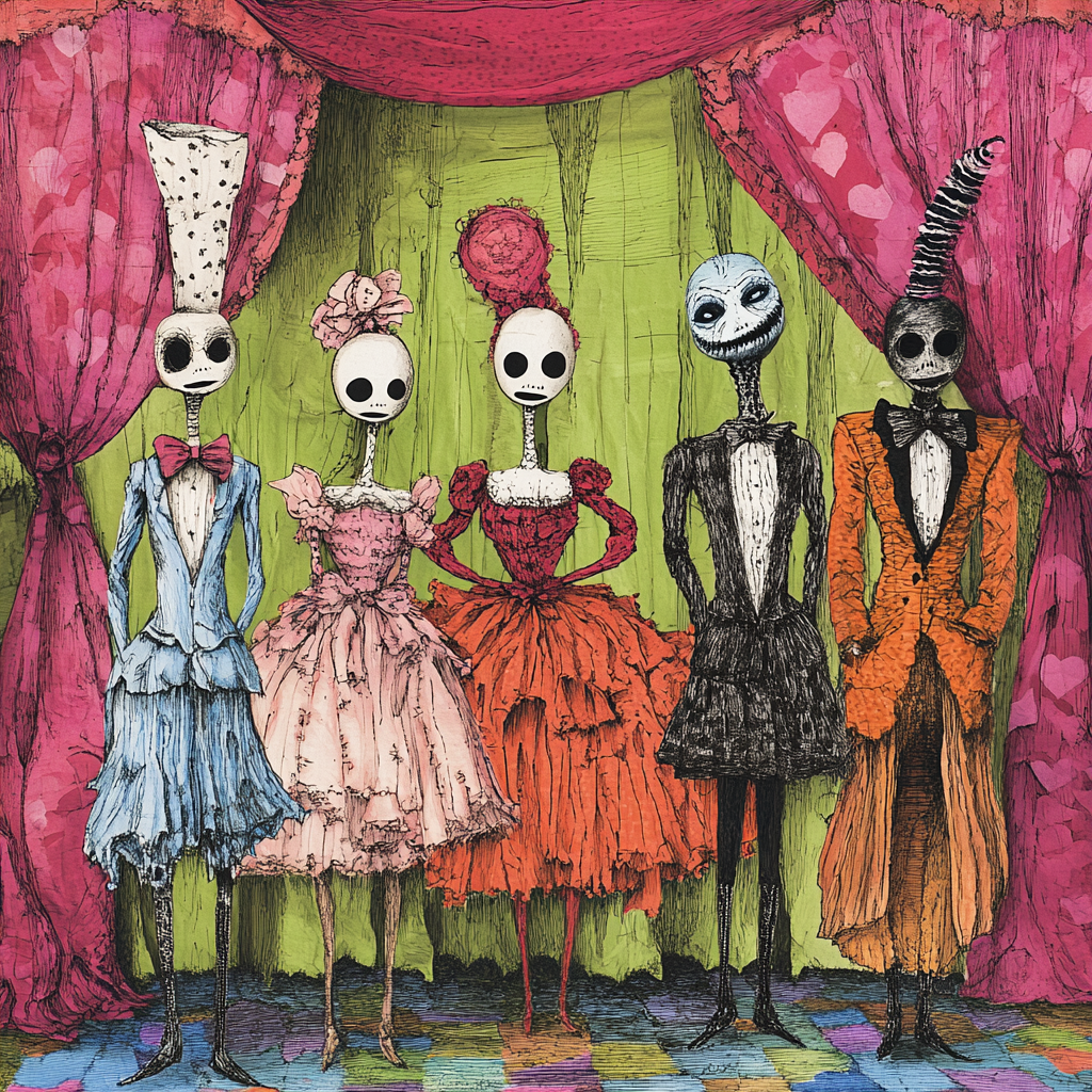 Dolls in Edward Gorey style with theatrical twist