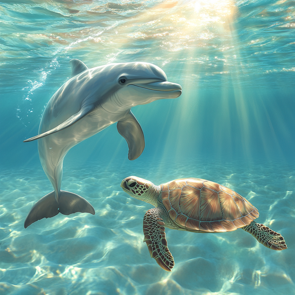 Dolphin and Sea Turtle Swim Together in Clear Water