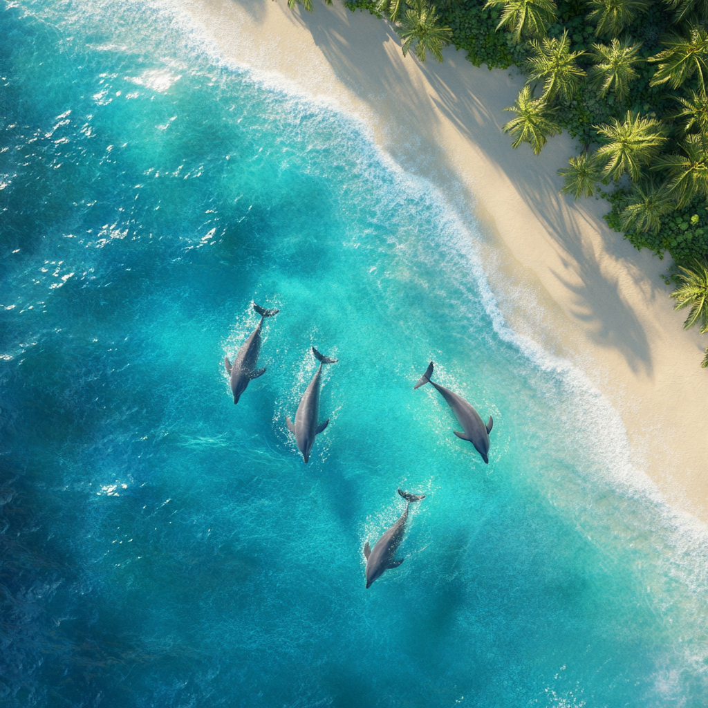 Dolphins playing in azure ocean by tropical island.