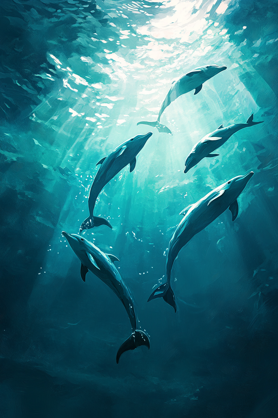 Dolphins swimming in bright turquoise sea with sun rays