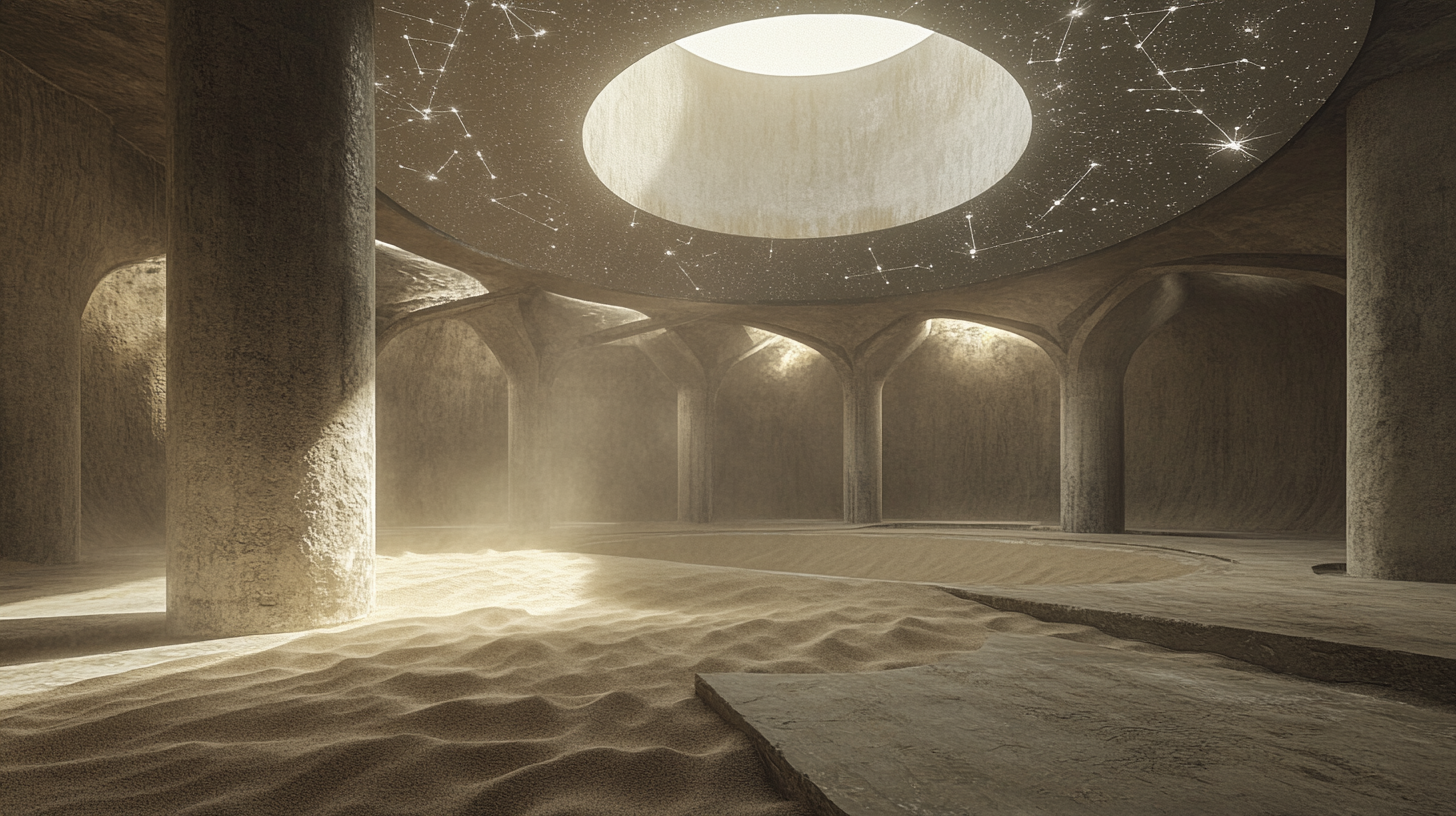 Dome temple room with sand, stone walls, metal pole, dim.