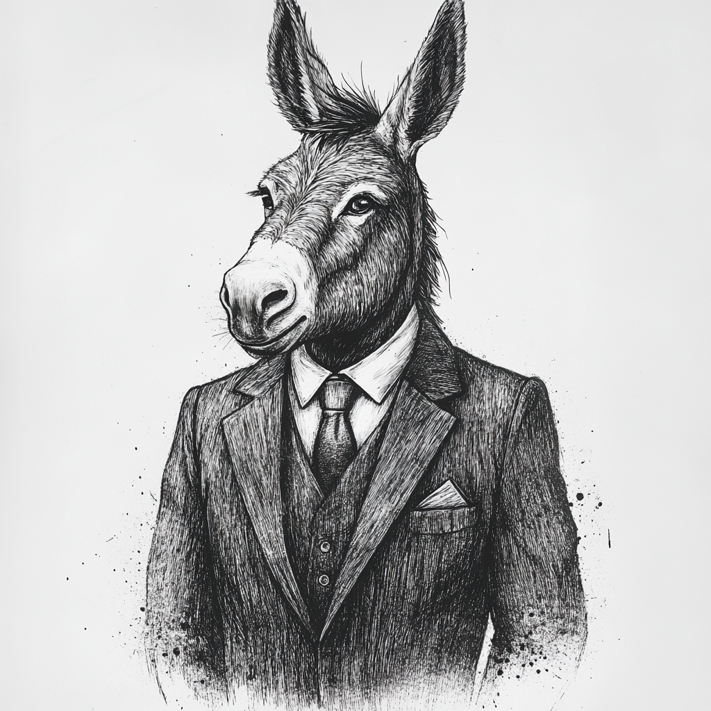 Donkey dressed up in business attire, chest up.