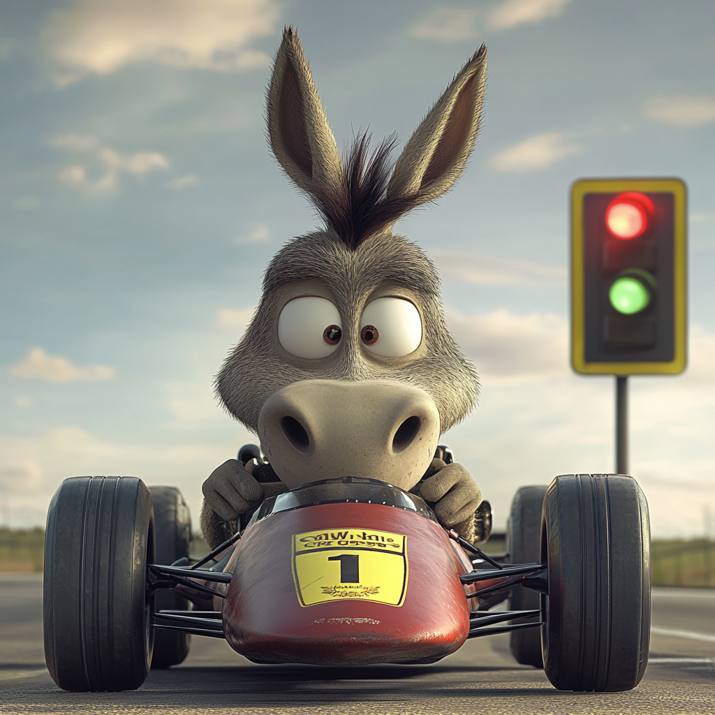 Donkey in F1 car at start line.