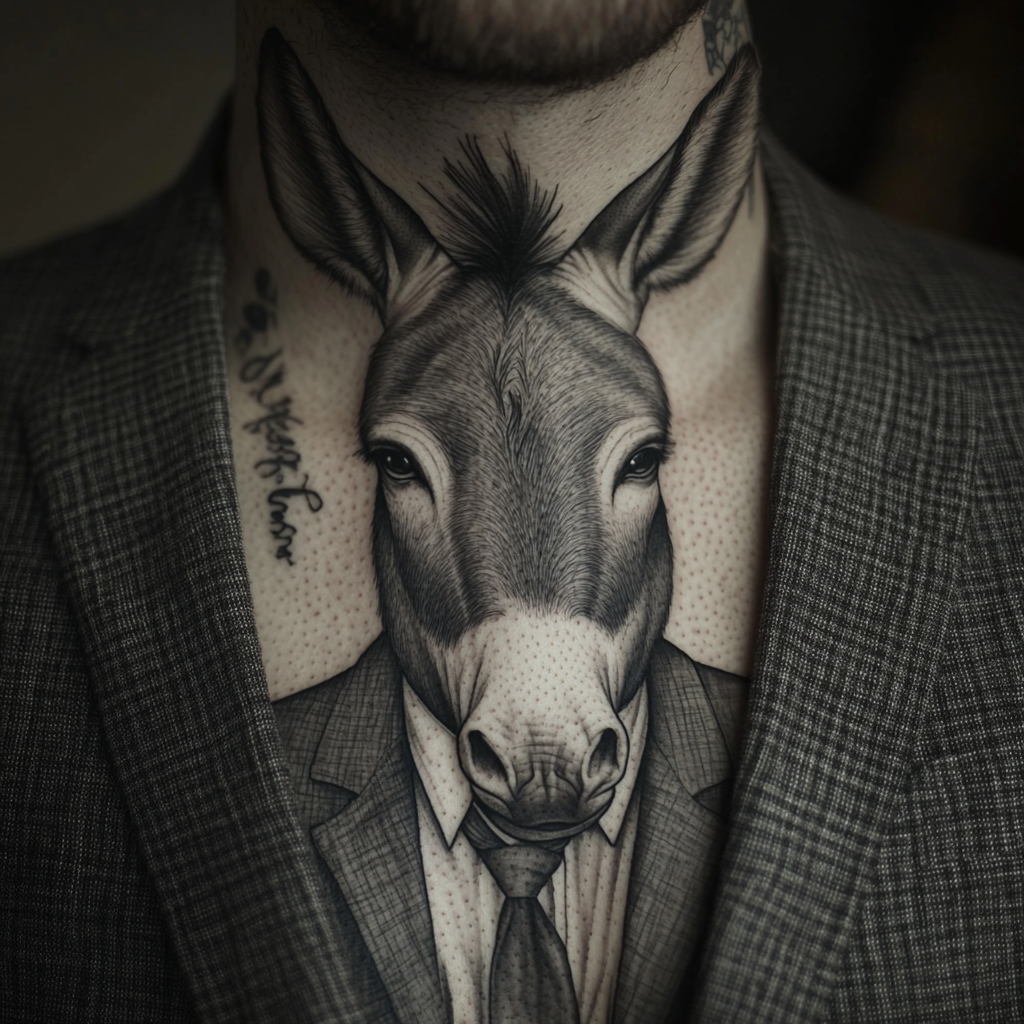 Donkey in business suit, grey and black tones.