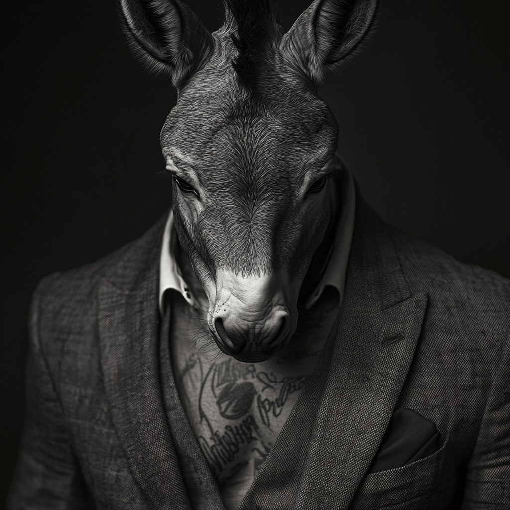 Donkey in business suit, tattoo style, semi realistic.