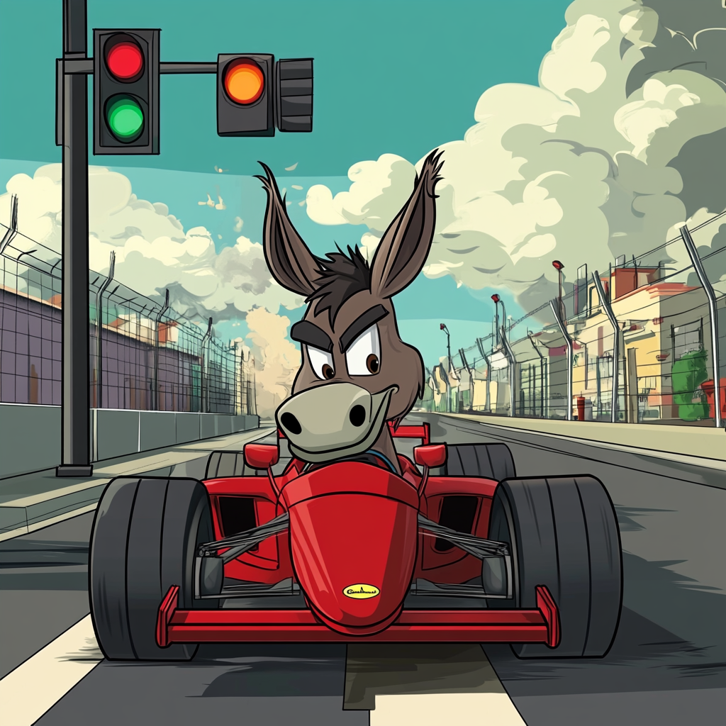 Donkey in red car at Grand Prix start line.