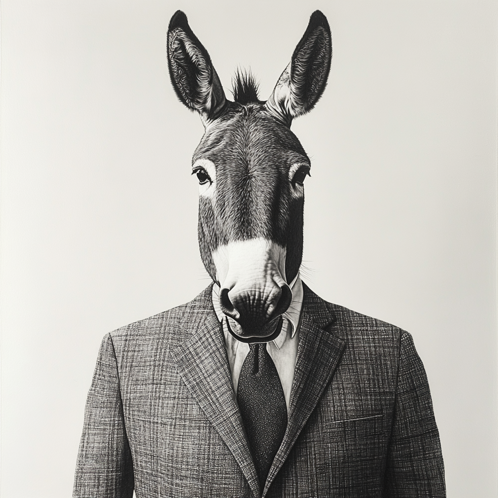 Donkey in suit, black and grey photo