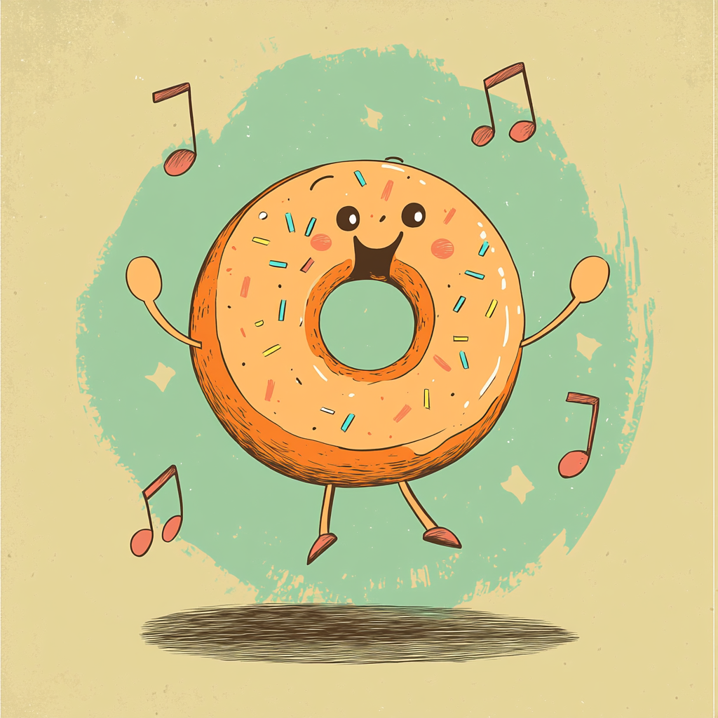 Donut character dancing with music notes in vintage style.