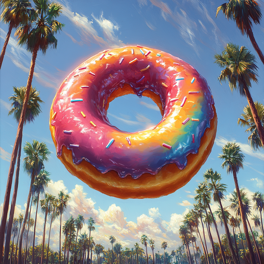 Donut with Rainbow Icing Floating Above Palm Trees