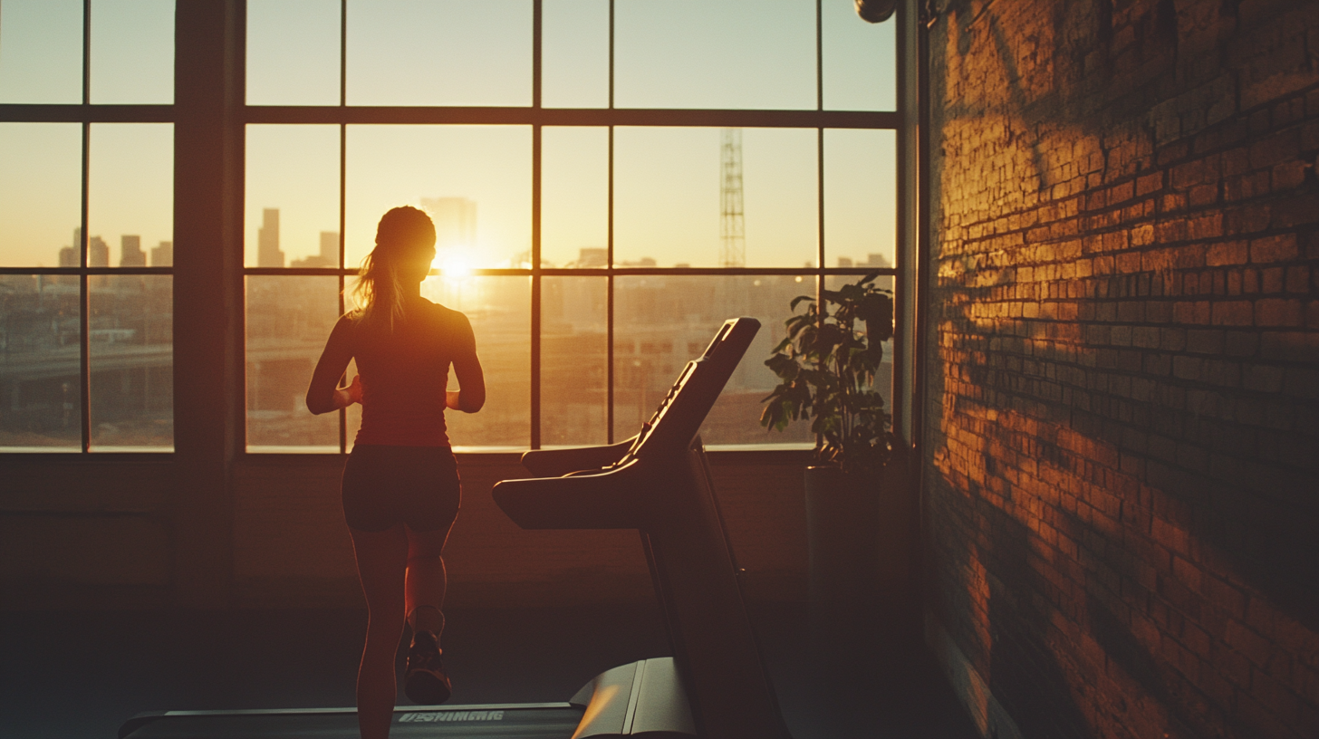 Downtown loft setting with mom running on treadmill.