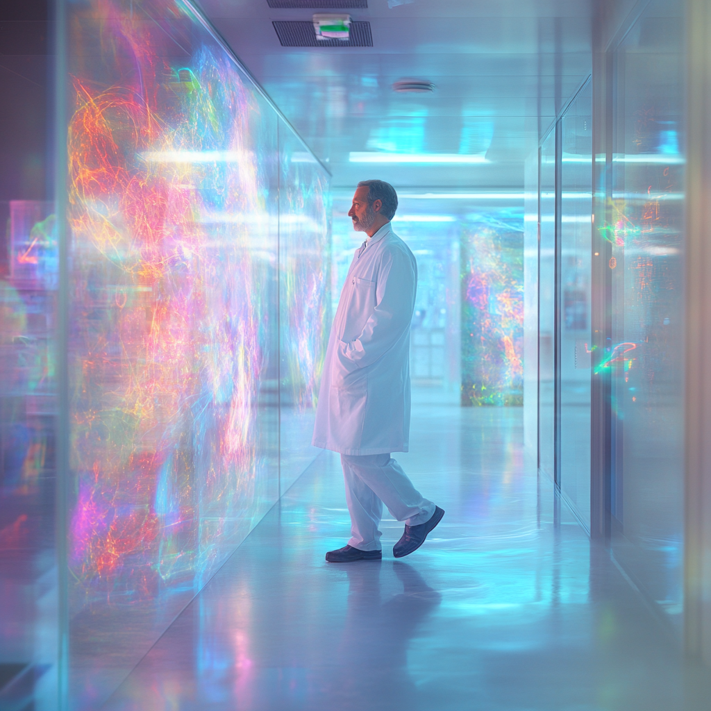 Dr. Houssay in modern research facility with holographic work 