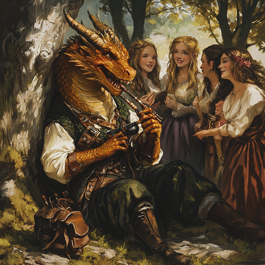 Dragon Bard playing bagpipes for admiring maidens