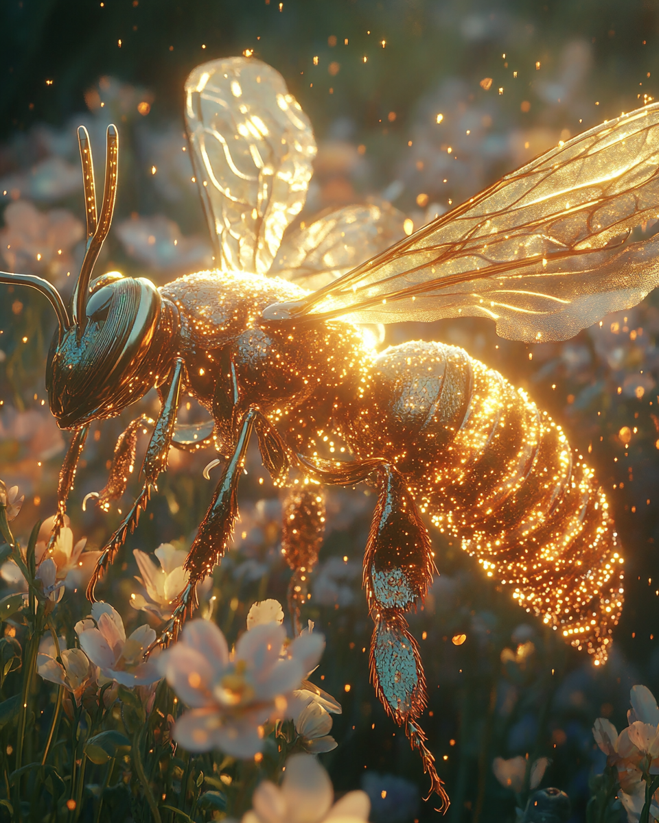 Dragon Bee with glowing pollen, divine energy shimmering.