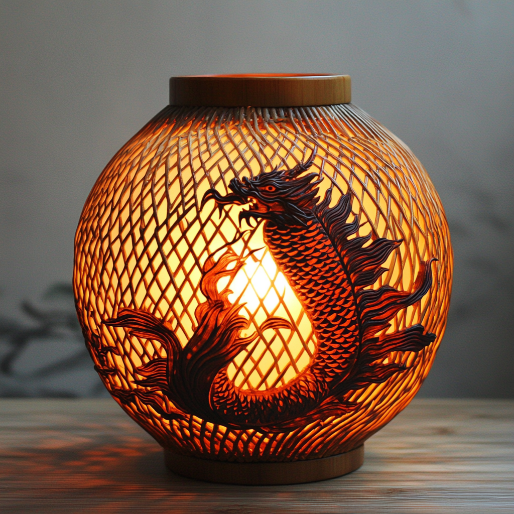 Dragon and Phoenix Bamboo Woven Round Lamp symbolism reunion and harmony