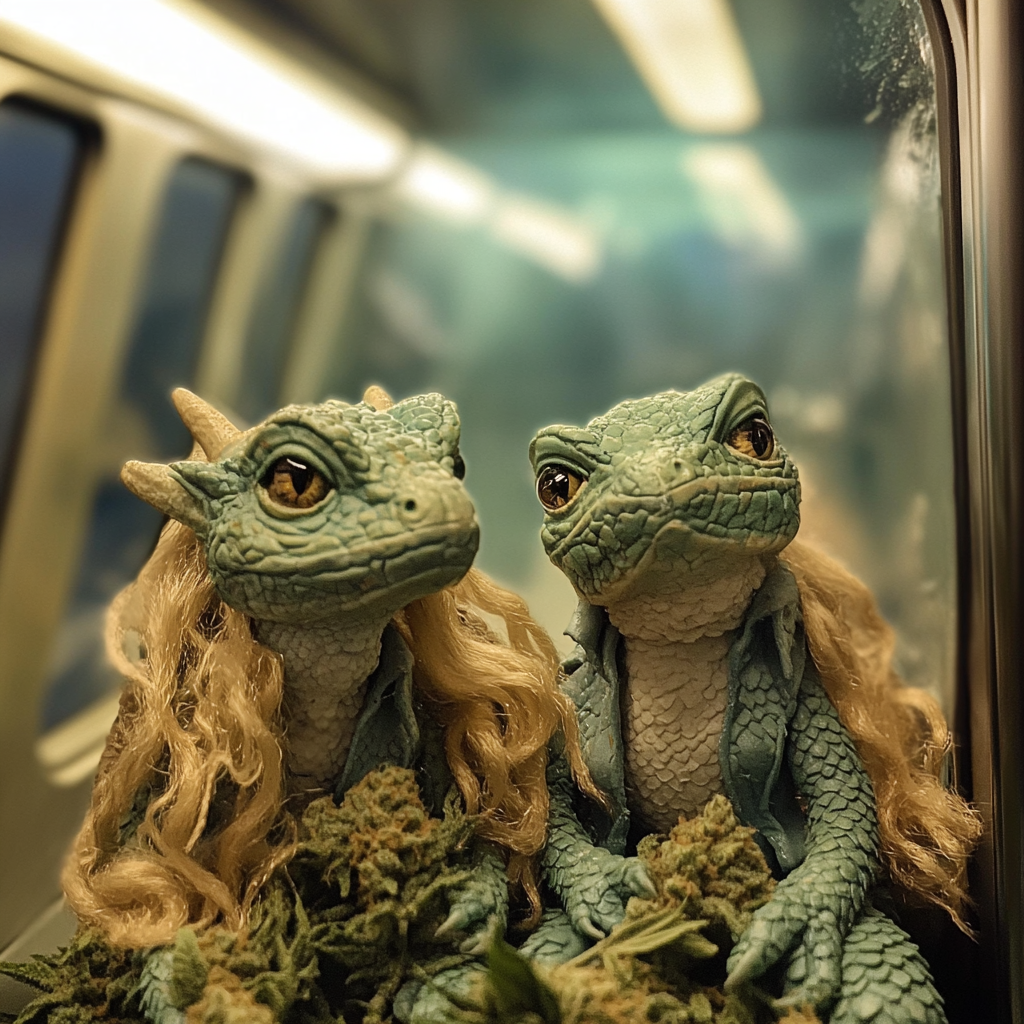 Dragon couple hybrid with marijuana nug scales underground station.