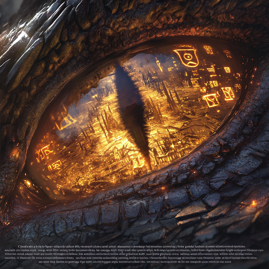 Dragon eye in ruins reflecting glowing symbols and fire.