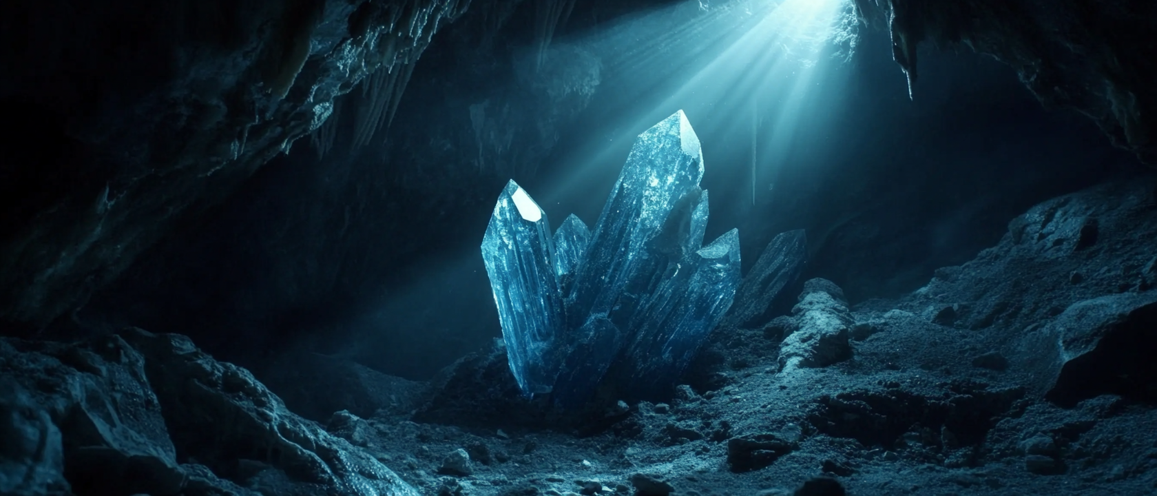 Dragon in cave with blue crystal and spotlight.