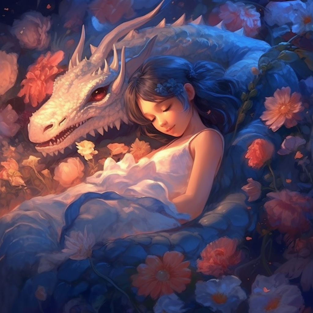 Dragon protecting girl sleeping in flower bed