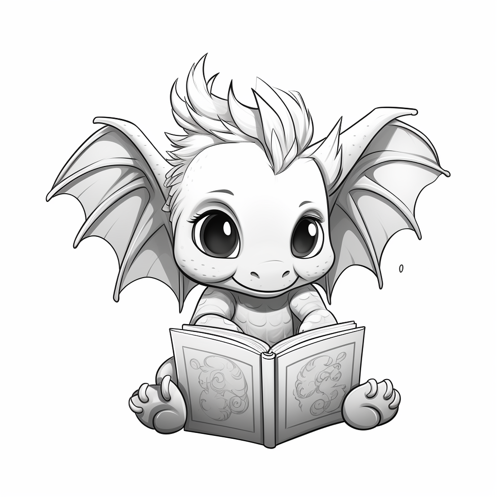 Dragon reading book in cute coloring style.