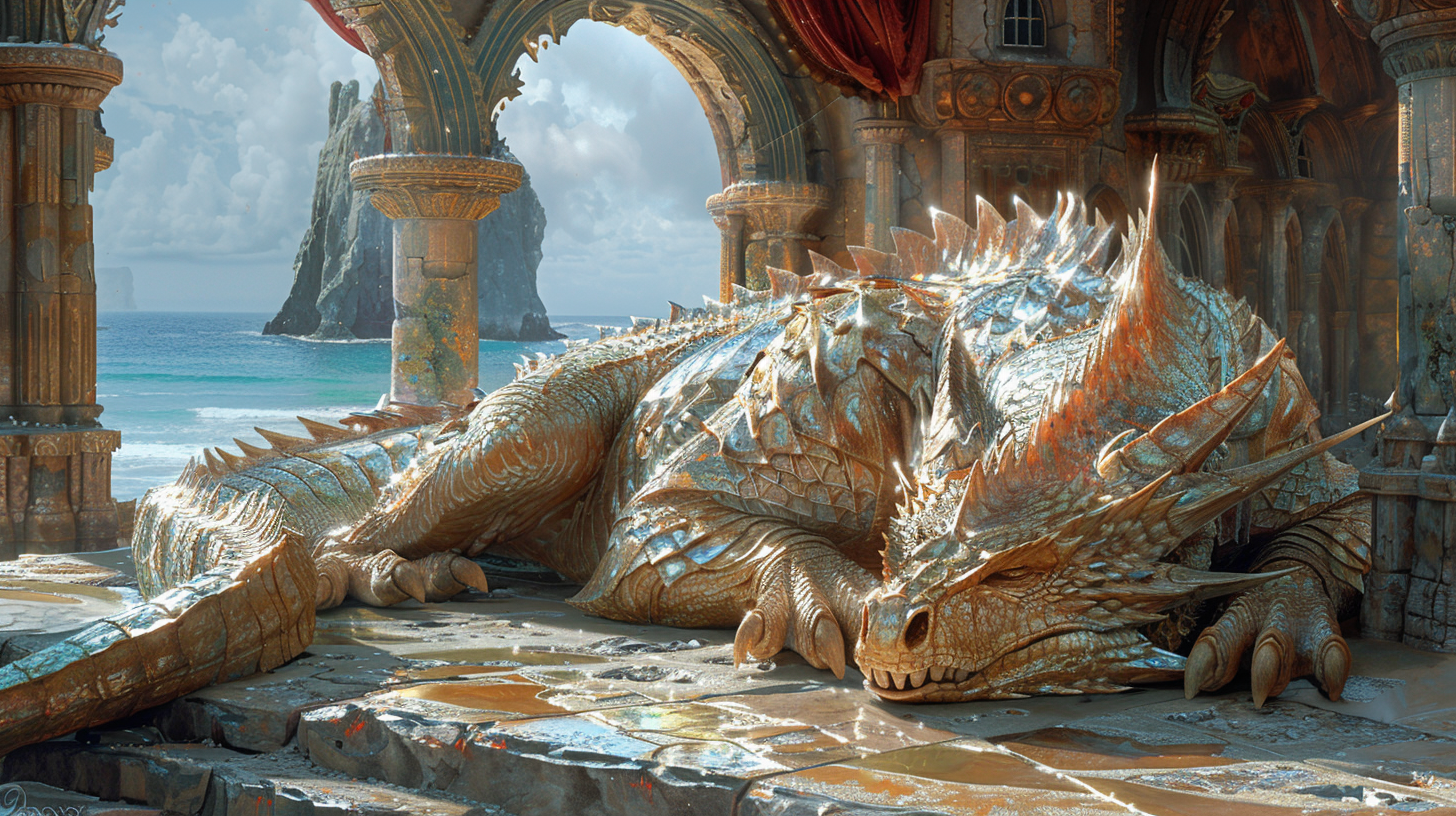 Dragon sleeping in gnomish temple with ocean background.