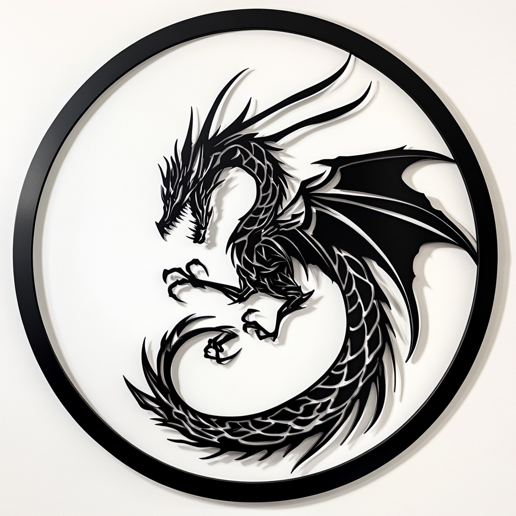 Dragon themed metal wall art with intricate details.