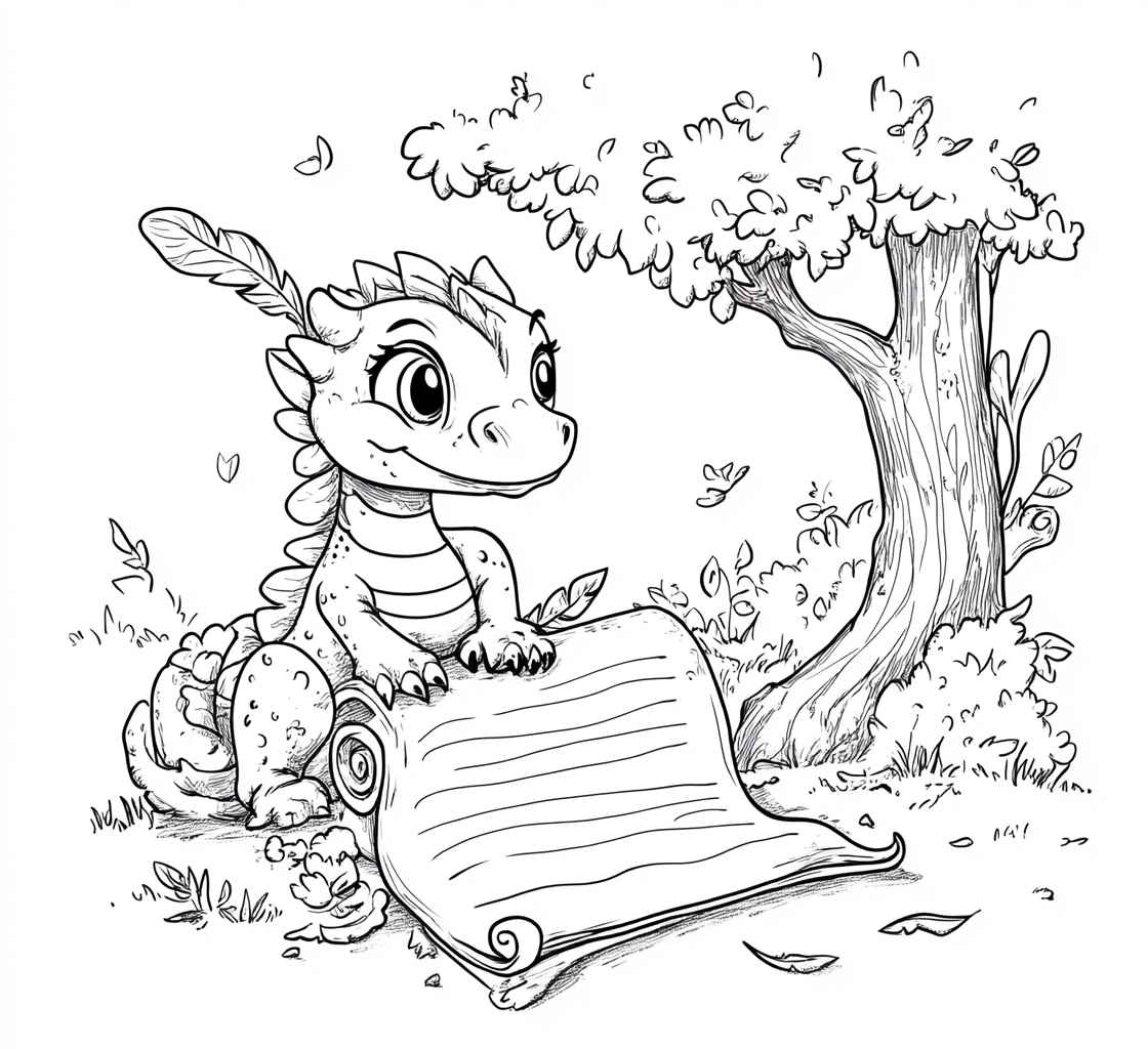 Dragon writing on scroll with feather pen under tree.