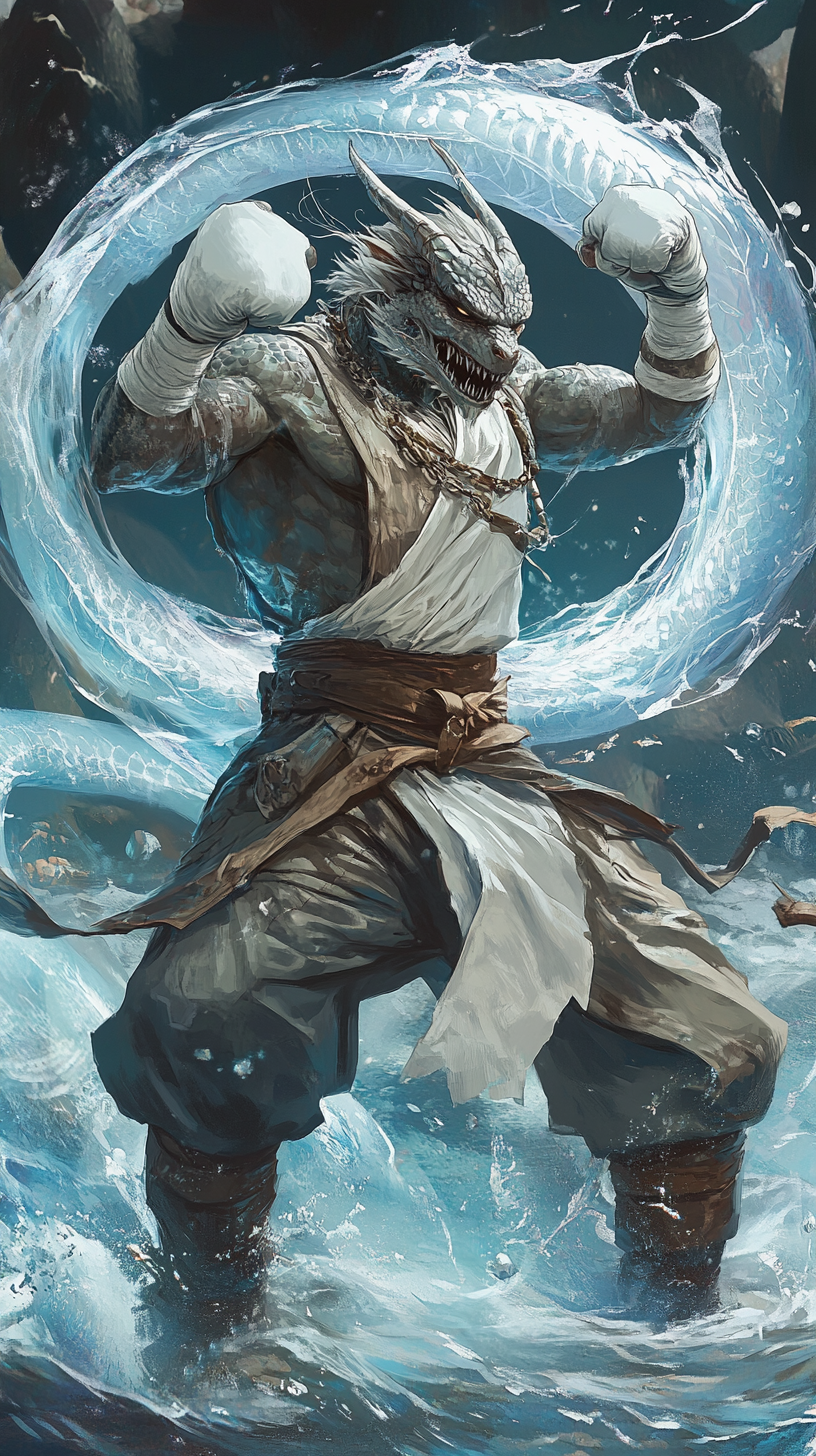 Dragonborn Monk Boxer Pose Art with Ice and Water swirling - AR 9:16