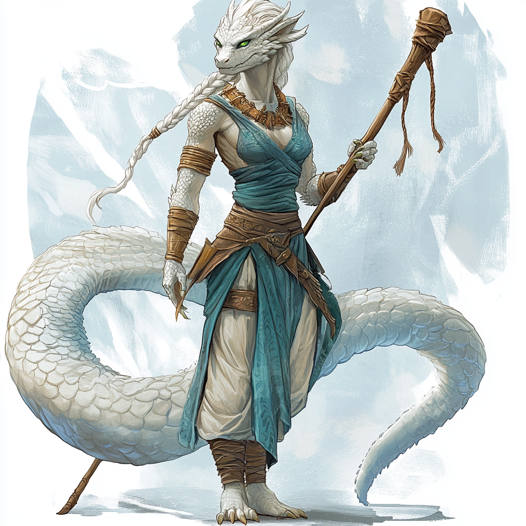 Dragonborn Monk with white scales, copper hair, wooden staff.