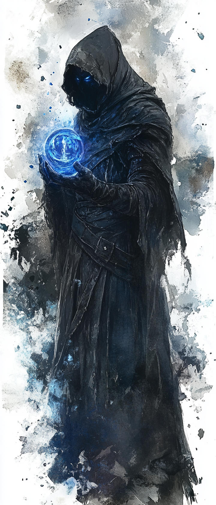 Dragonborn cleric holding blue holy symbol in ethereal realm.