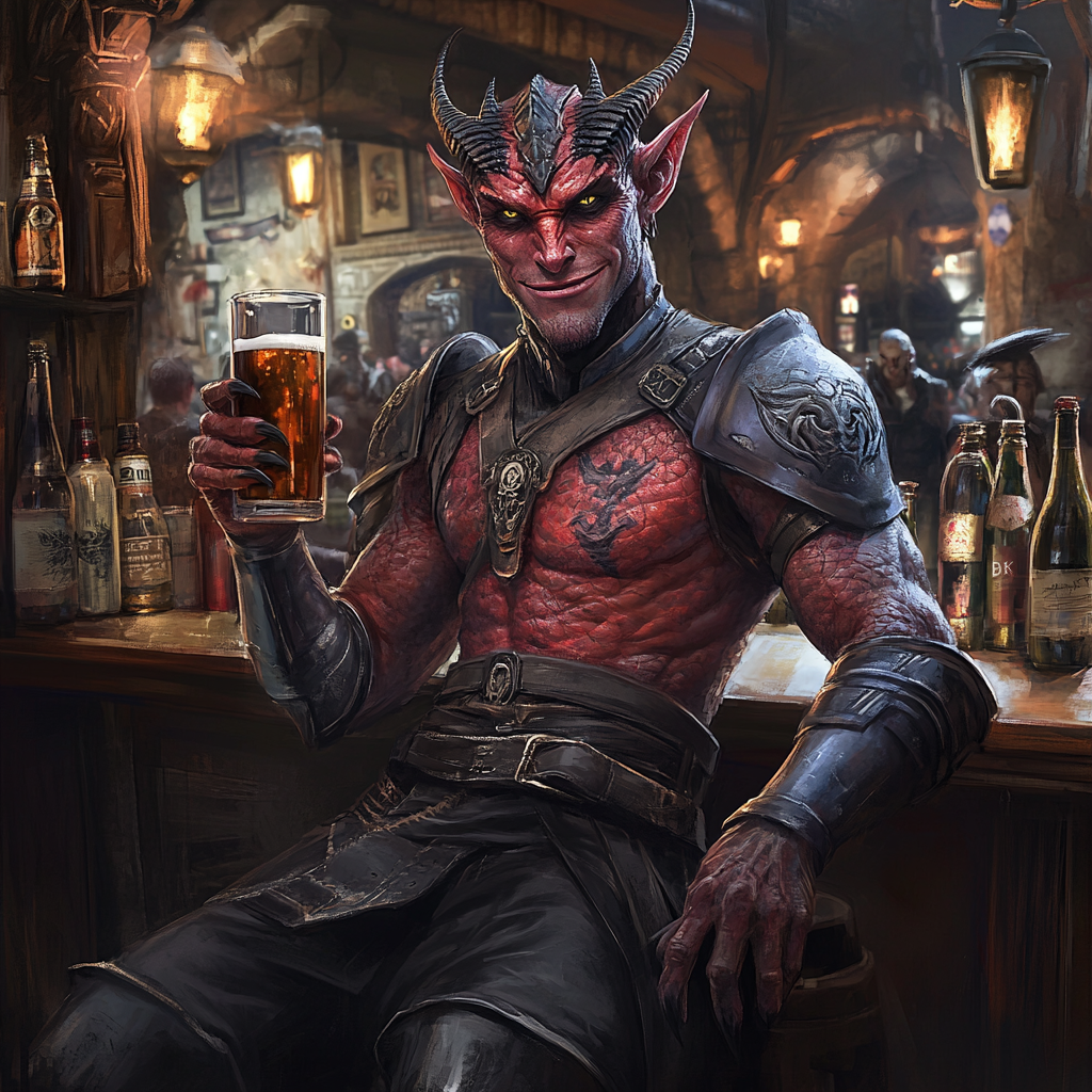 Dragonborn male at busy bar, casting spell, tattoos.