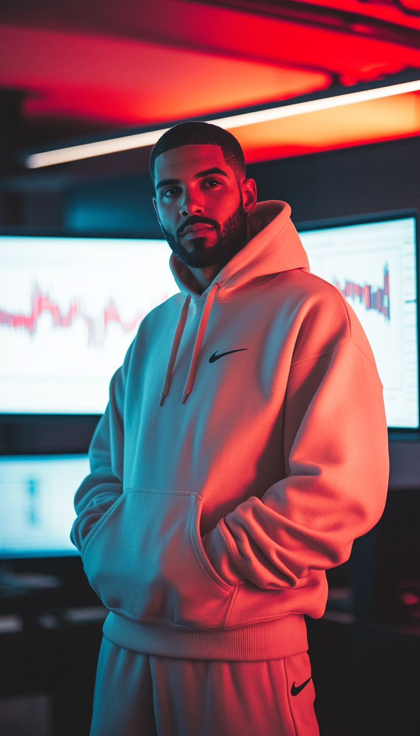 Drake in Nike hoodie with flow, forex charts screens.