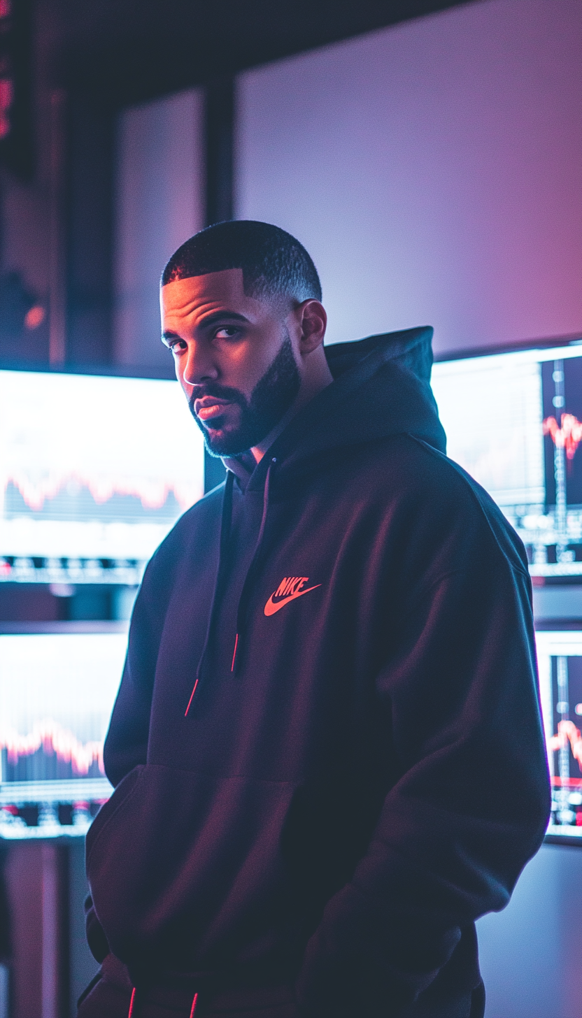 Drake in Nike hoodie with urban style, forex charts.