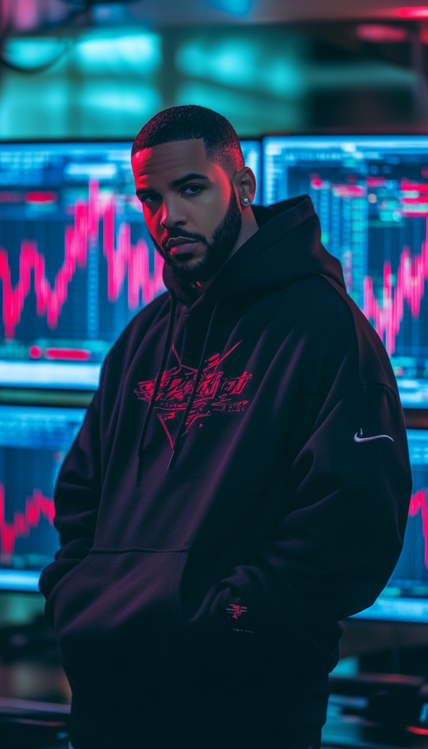 Drake posing in brightly lit room, urban style vibes.