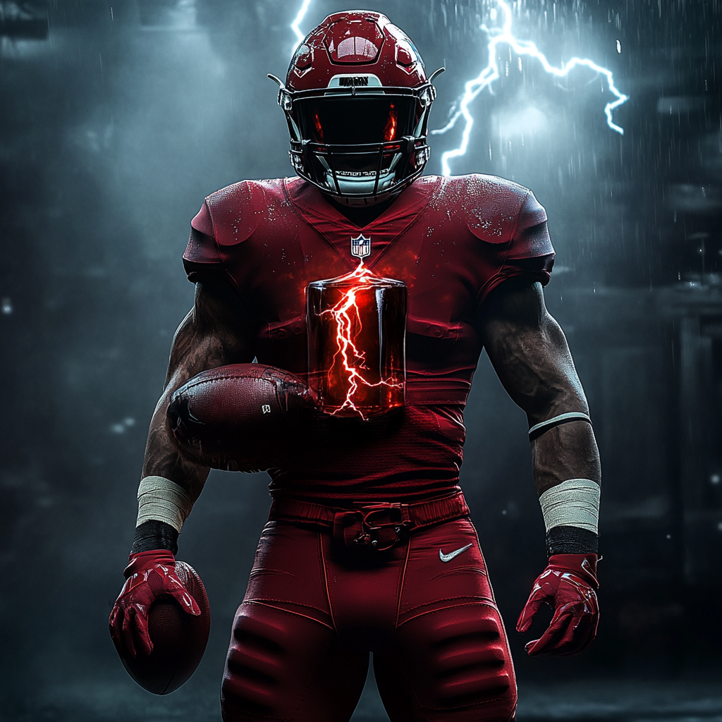 Dramatic American Football player with lightning bottle