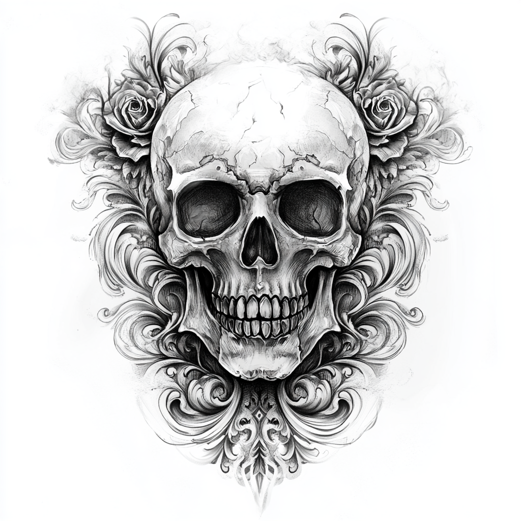 Dramatic Skull Tattoo Design with Intricate Details