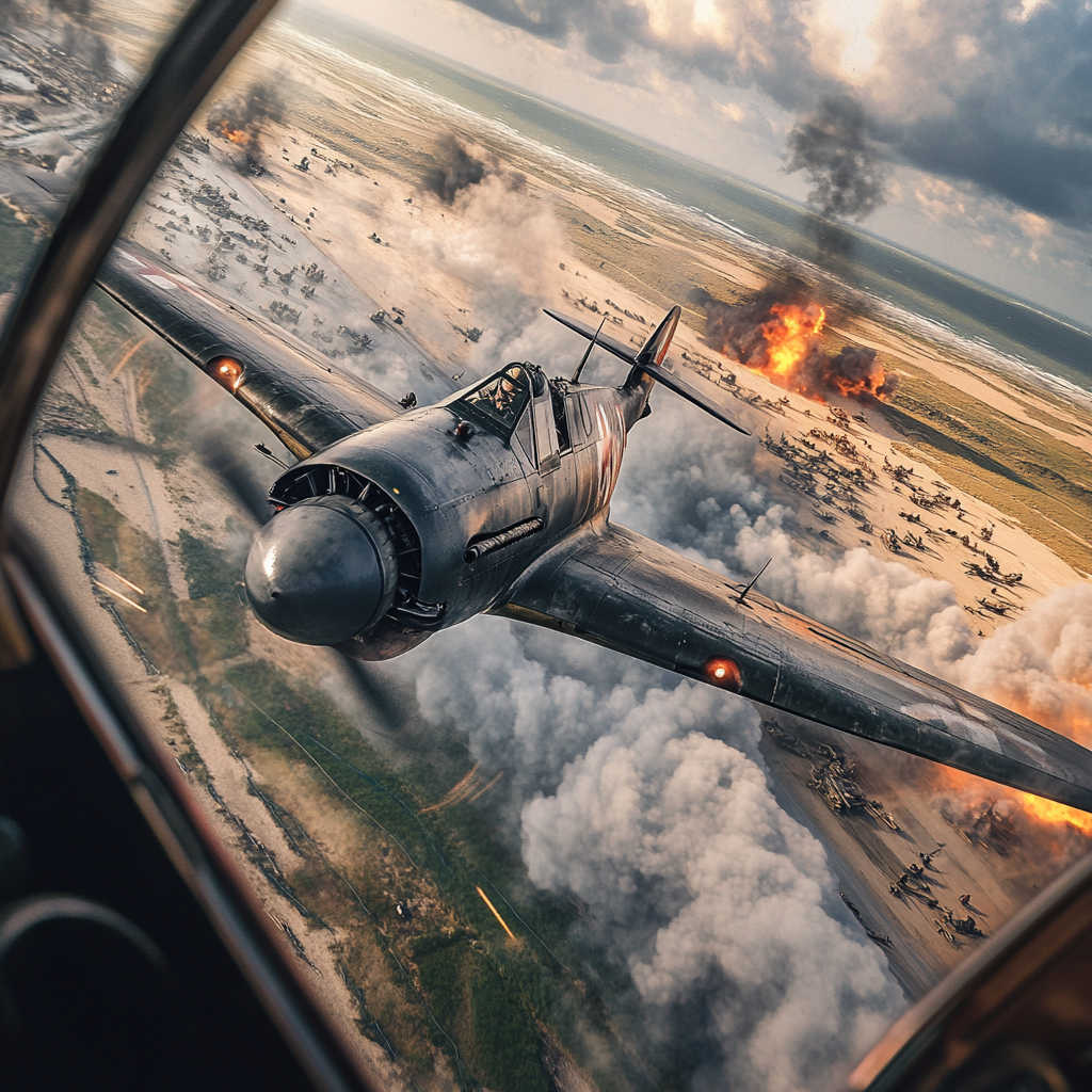 Dramatic WWII scene with BF109 diving, firing guns.