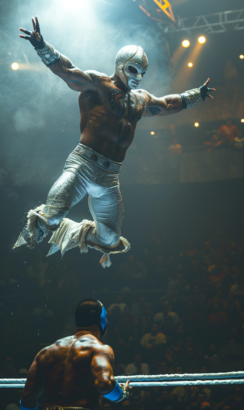 Dramatic Wrestlers in High-Energy Lucha Libre Match