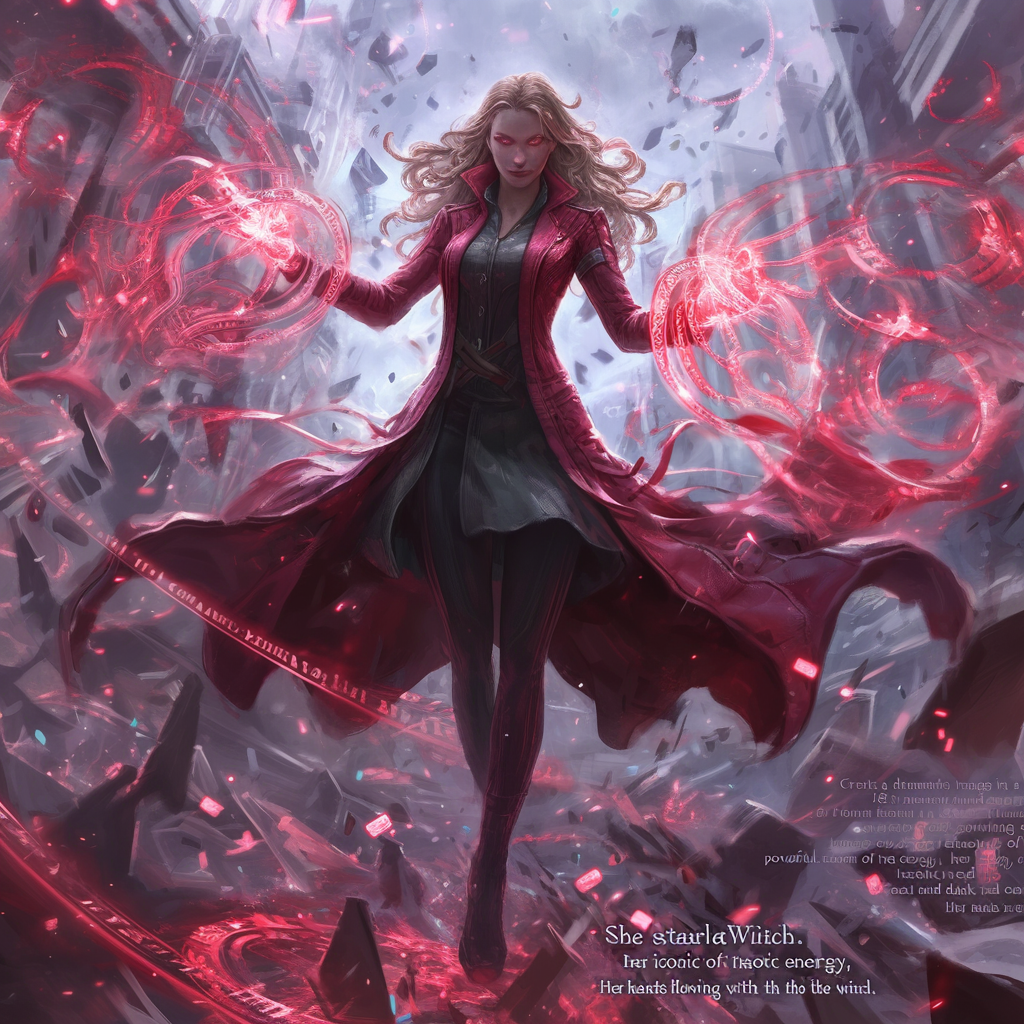 Dramatic cinematic image: Scarlet Witch superhero controls chaotic reality.