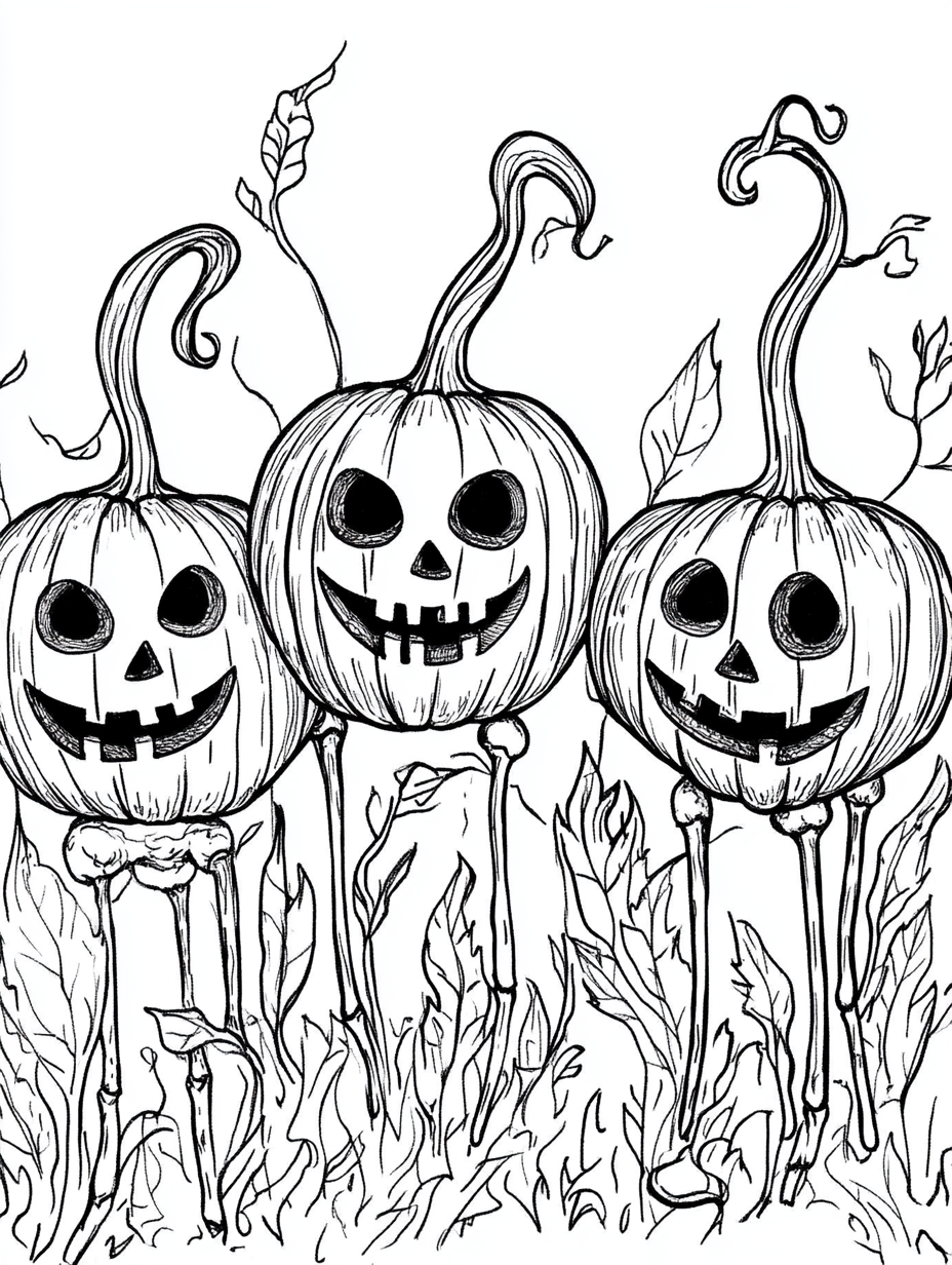 Dramatic coloring book page for teens with pumpkin heads.