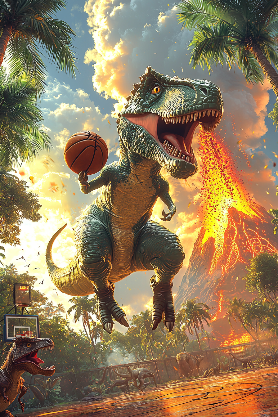 Dramatic dinosaurs playing basketball in prehistoric jungle scene.