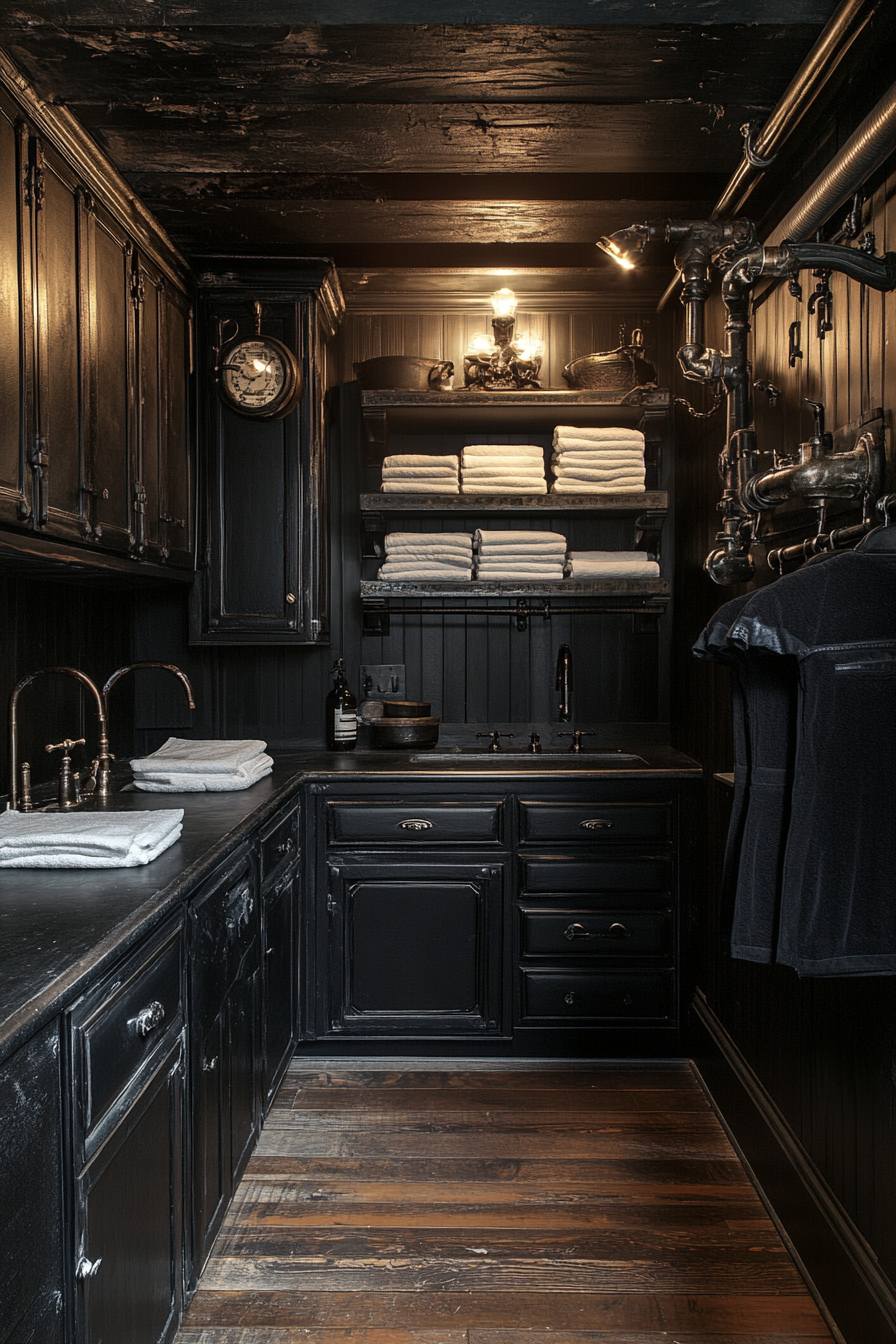 Dramatic lighting highlights Western Gothic laundry room textures.