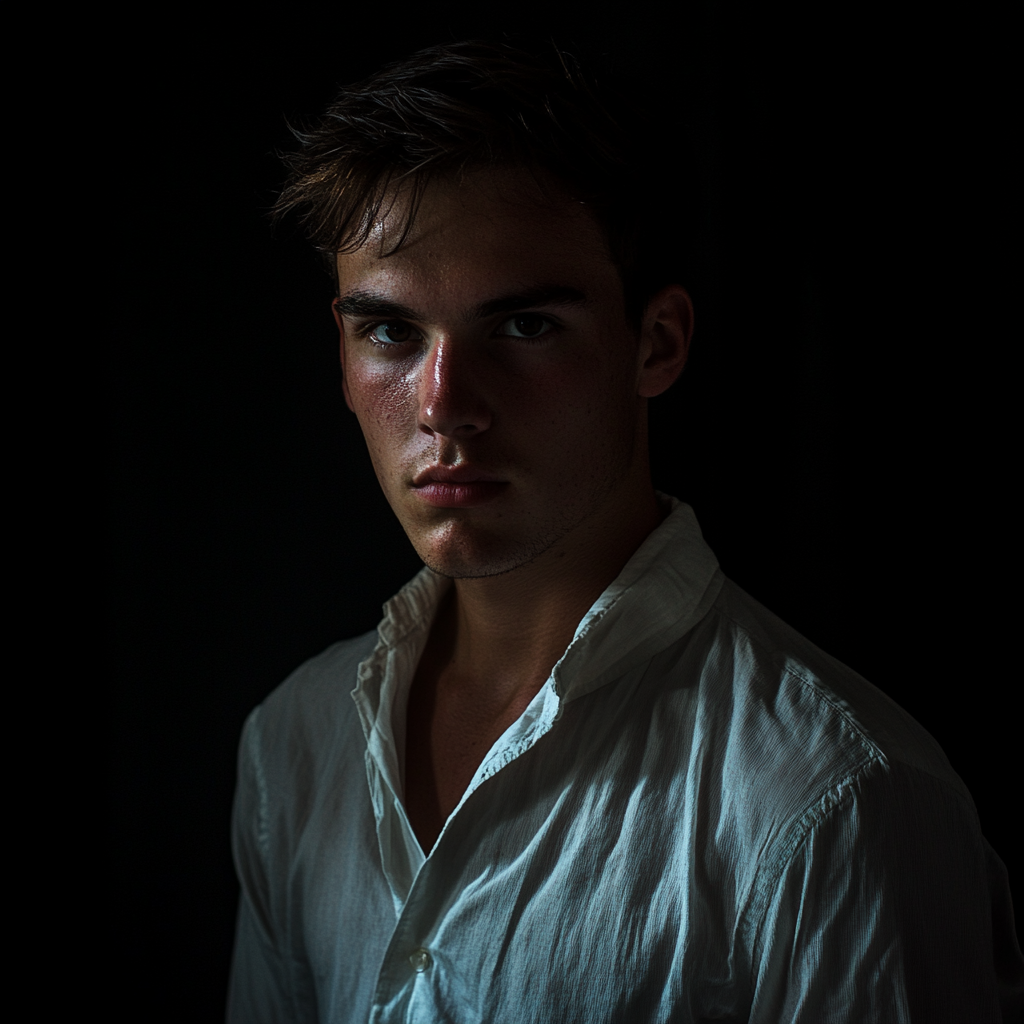 Dramatic low-light portrait of young man in white shirt.