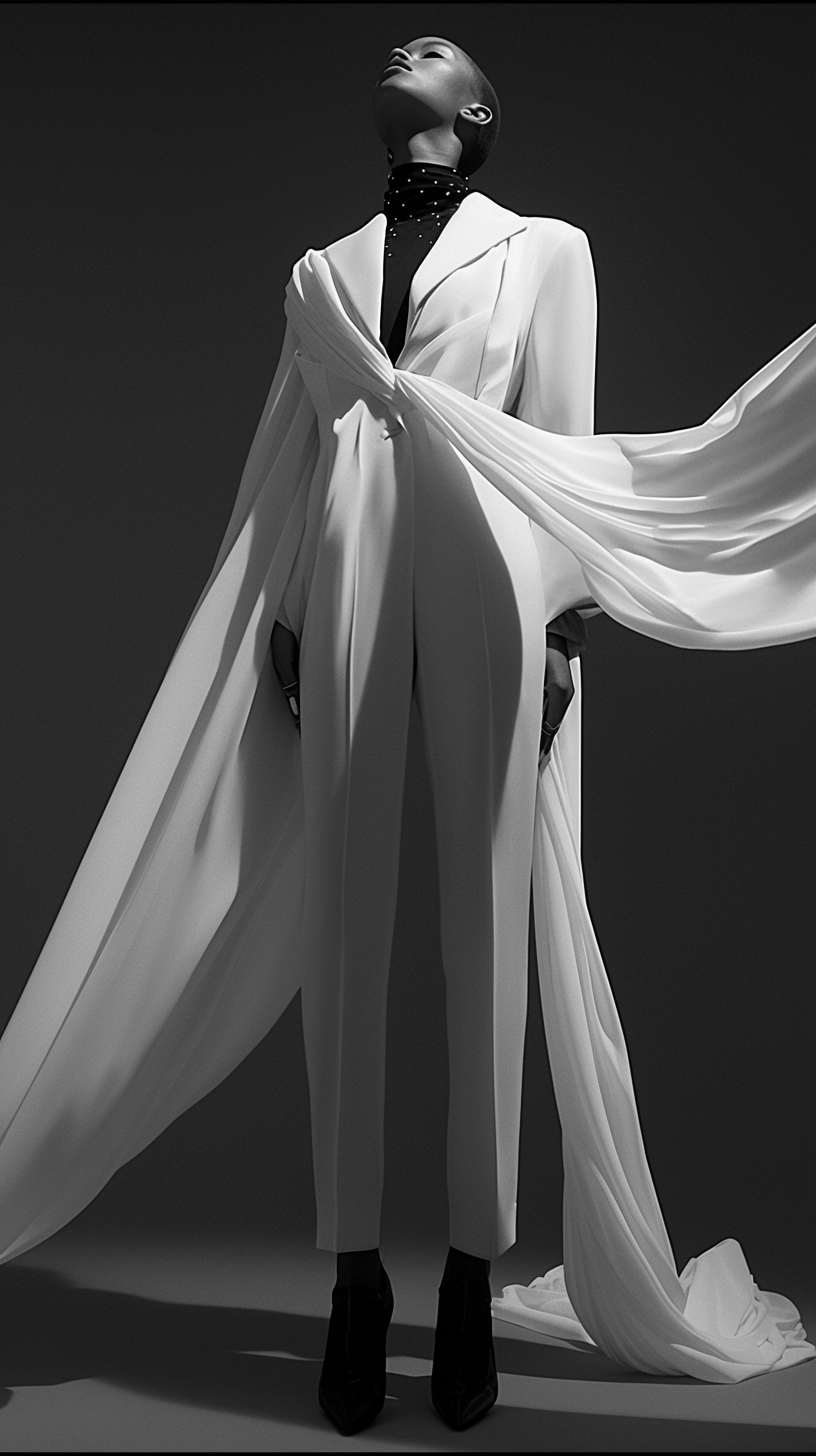 Dramatic portrait of androgynous woman in minimalist wedding dress.