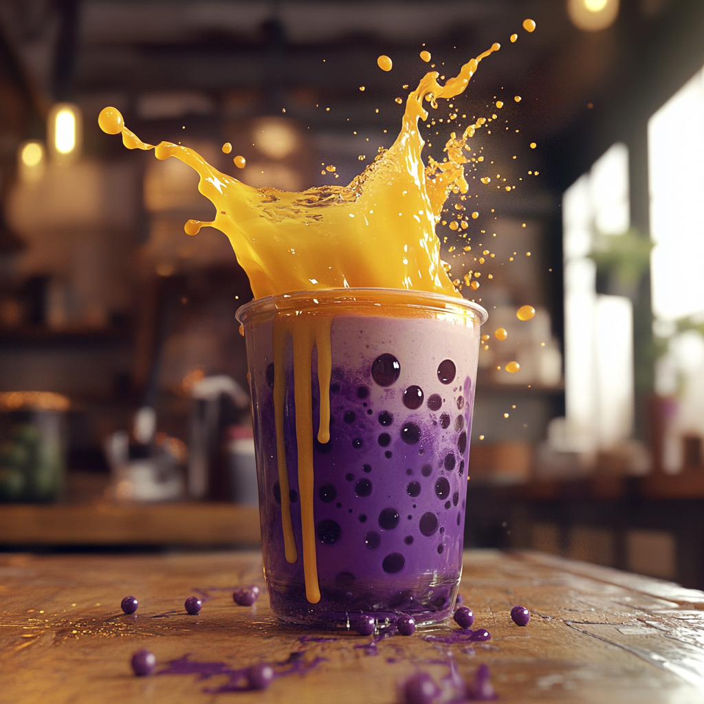 Dramatic purple bubble tea being poured into cup.